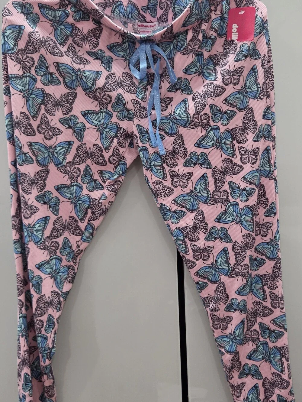 Girls' Pink Butterfly Print Pajama Pants - Light Blue Trim